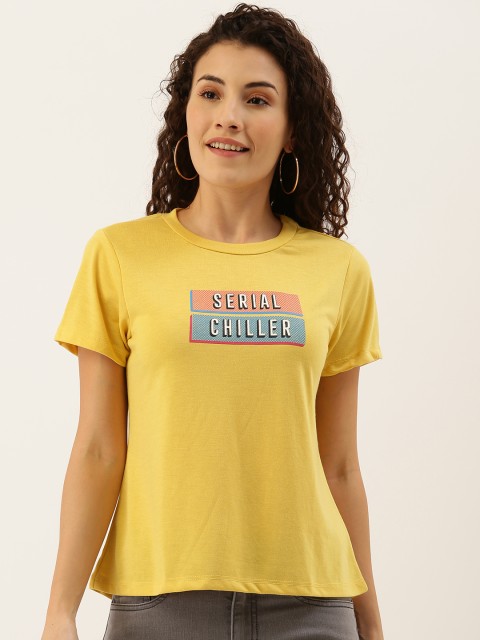 

DressBerry Women Mustard Yellow Printed Round Neck T-shirt