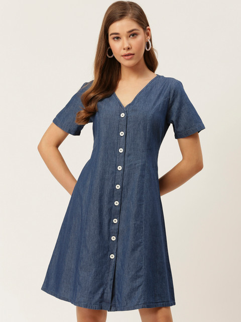 

DressBerry Women Navy Blue Solid Denim A-Line Dress