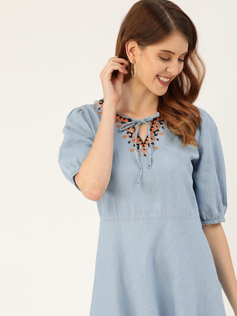

DressBerry Women Blue Chambray Solid A-Line Dress