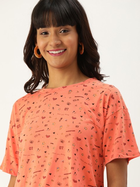 

DressBerry Women Coral Orange Conversational Printed Round Neck T-shirt