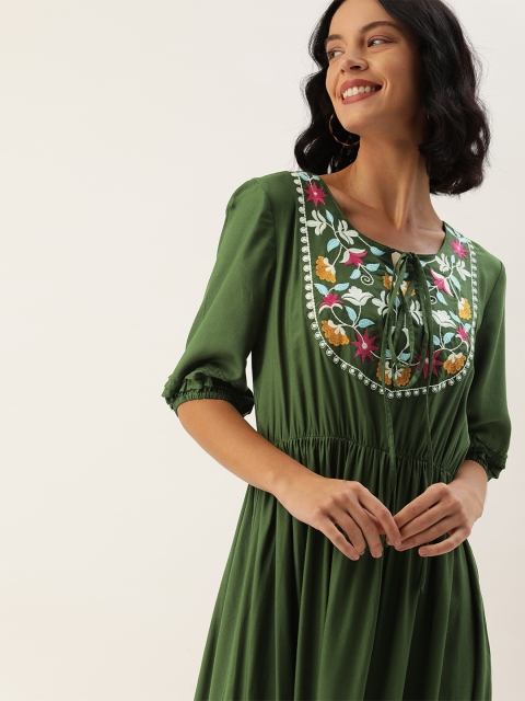 

DressBerry Olive Green Embroidered Fit and Flare Sustainable Dress