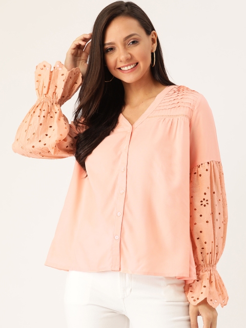 

DressBerry Sustainable ECOVERO Women Peach-Coloured Schiffli Embroidered Top