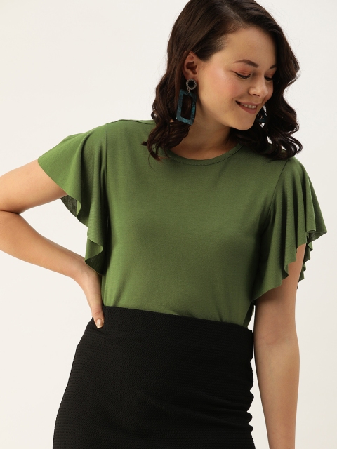 

DressBerry Women Olive Green Solid Knitted Regular Top With Flutter Sleeves