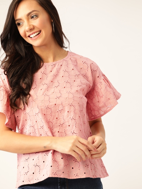 

DressBerry Women Pink Schiffli Embroidered Top