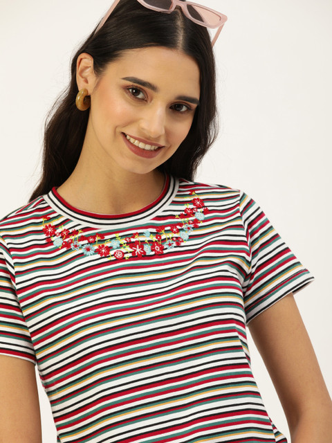 

DressBerry Women White Striped Round Neck T-shirt with Embroidery Detail