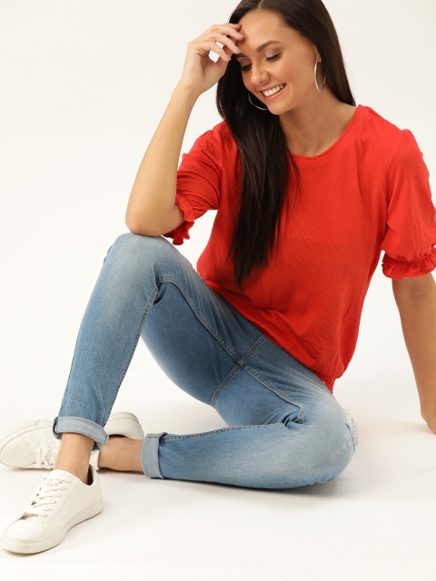 

DressBerry Women Coral Red Orange Blouson Top