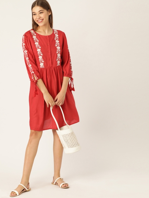 

DressBerry Red & White Floral Embroidered Detail A-Line Sustainable Dress