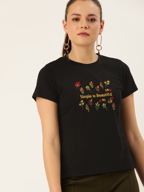 

DressBerry Women Black Solid Round Neck T-shirt With Embroidered Detailing
