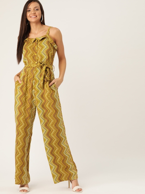 

DressBerry Women Mustard Yellow & Maroon Printed Basic Sustainable Jumpsuit