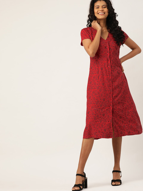 

DressBerry Women Red Printed A-Line Dress
