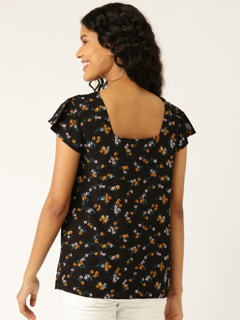 

DressBerry Sustainable ECOVERO Women Black & Mustard Yellow Floral Printed Top