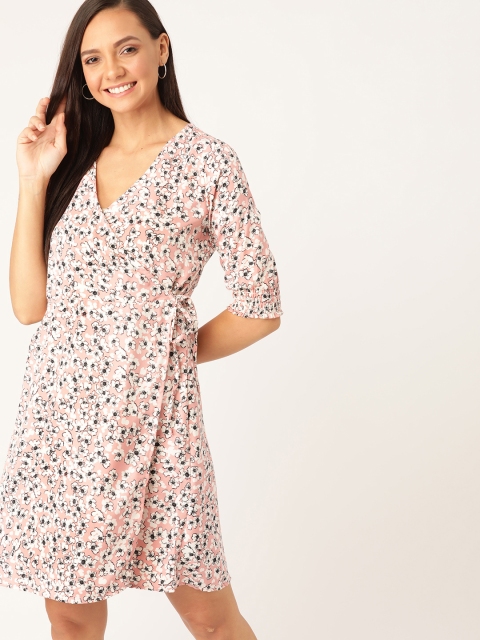 

DressBerry Women Dusty Pink & White Floral Printed Wrap Dress