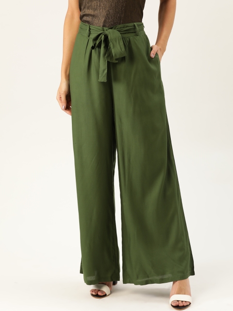 

DressBerry Women Olive Green Regular Fit Solid Parallel Sustainable Ecovero Trousers