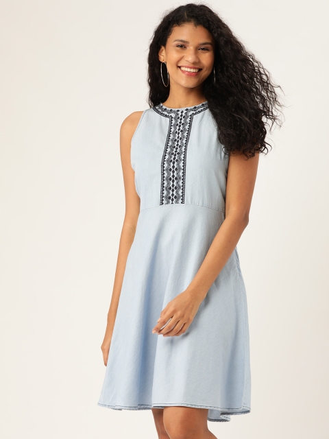 

DressBerry Women Blue Chambray Embroidered Detail A-Line Dress