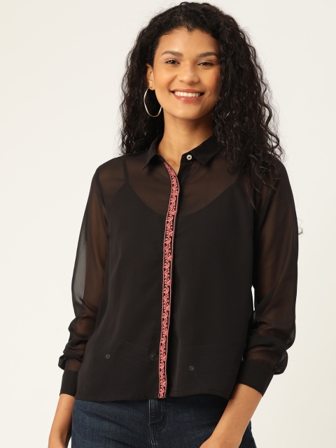

DressBerry Women Black Regular Fit Solid Semi Sheer Casual Shirt
