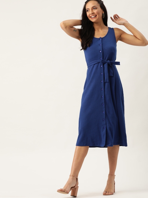 

DressBerry Women Navy Blue Ribbed A-Line Dress