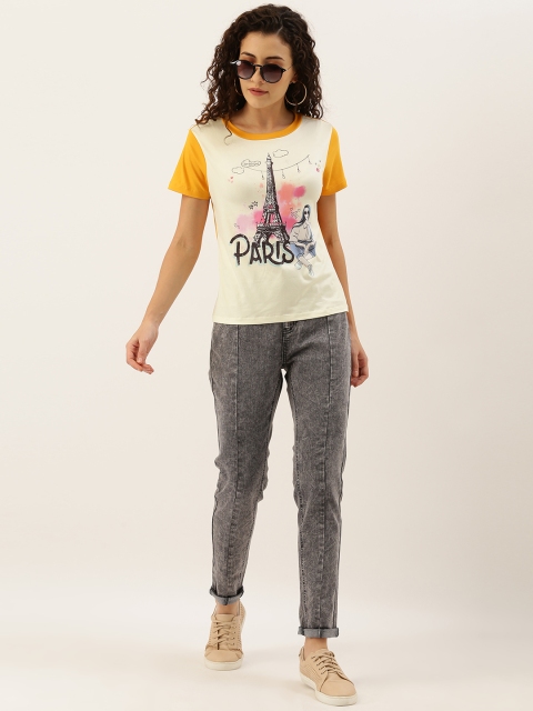 

DressBerry Women Off-White & Mustard Yellow Printed Round Neck T-shirt