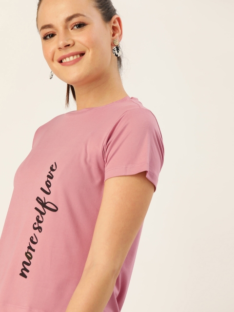 Women Mauve Solid Round Neck T-shirt With Printed Detailing
