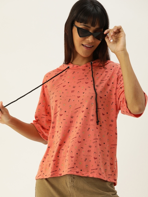 

DressBerry Women Coral Orange Conversational Printed Hood ed T-shirt