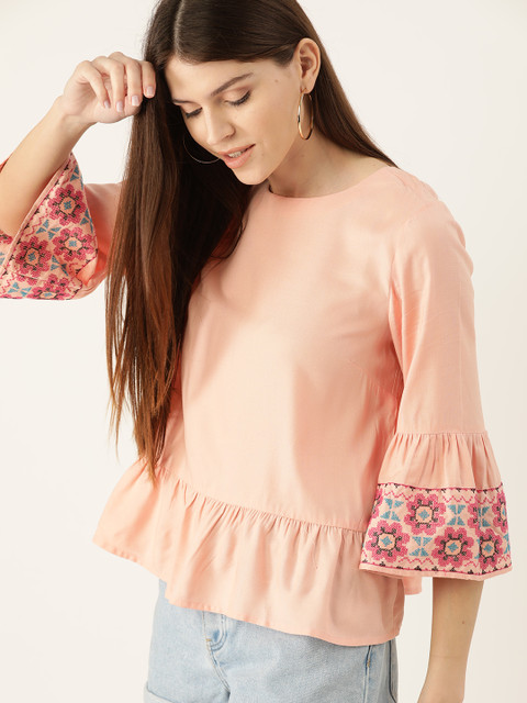 

DressBerry Women Peach-Coloured Solid A-Line Sustainable Top