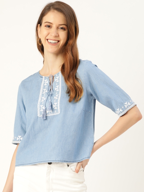 

DressBerry Women Blue Solid Chambray Top