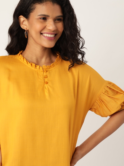 

DressBerry Women Mustard Yellow Solid Boxy Top