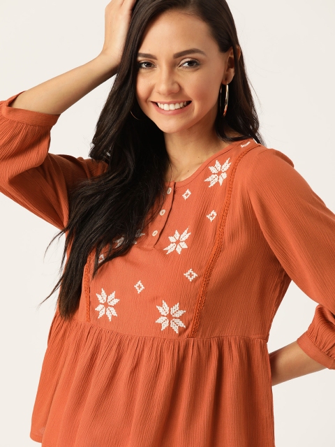 

DressBerry Women Rust Orange & White Embroidered Top
