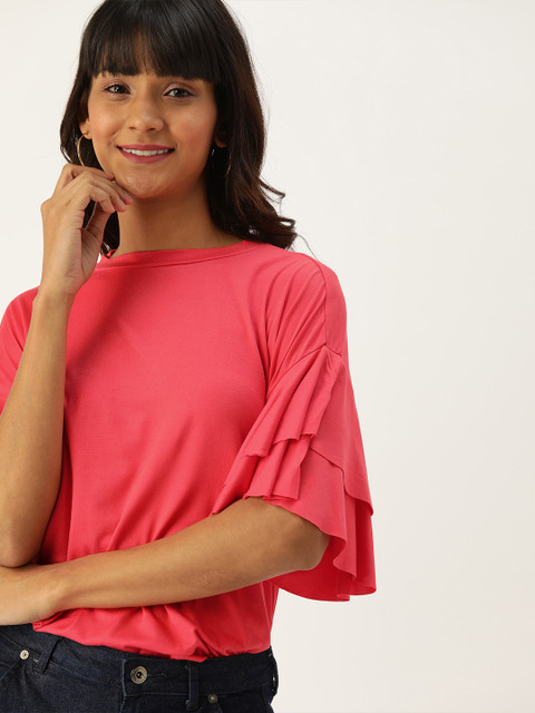 

DressBerry Women Coral Pink Solid Bell Sleeved Top