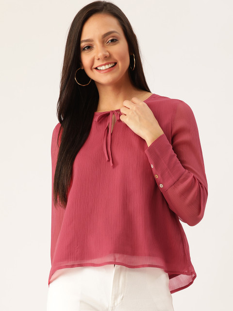 

DressBerry Women Pink Solid Crinkled Top