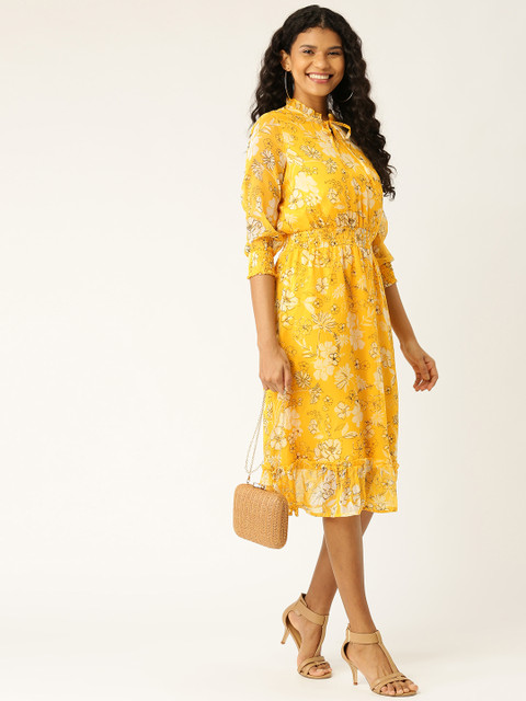 

DressBerry Women Yellow & Off-White Floral Printed A-Line Dress