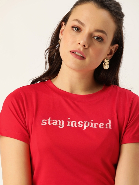 

DressBerry Women Red Solid Round Neck T-shirt With Printed Detailing