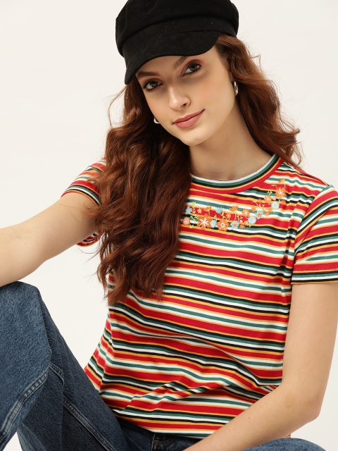 

DressBerry Women Red & Green Striped Cotton T-shirt