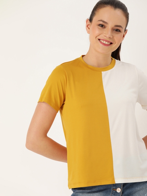 

DressBerry Women Mustard Yellow & White Colourblocked Round Neck T-shirt