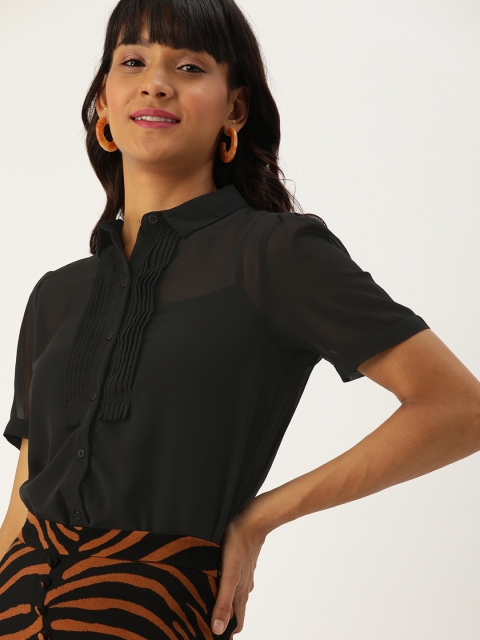 

DressBerry Women Black Regular Fit Solid Sheer Pintucked Casual Shirt