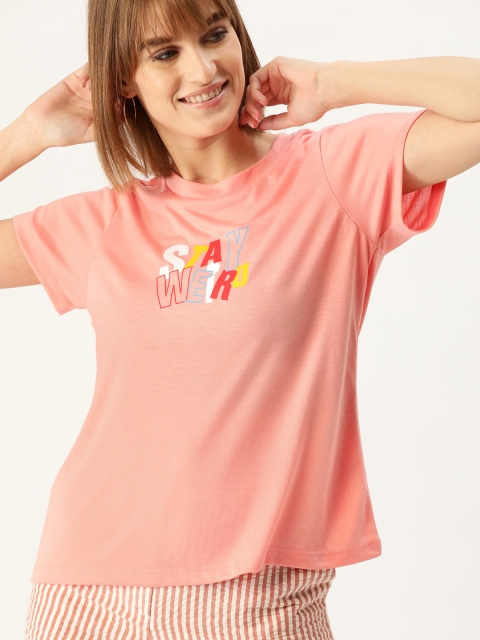 

DressBerry Women Peach-Coloured Printed Detail Round Neck T-shirt