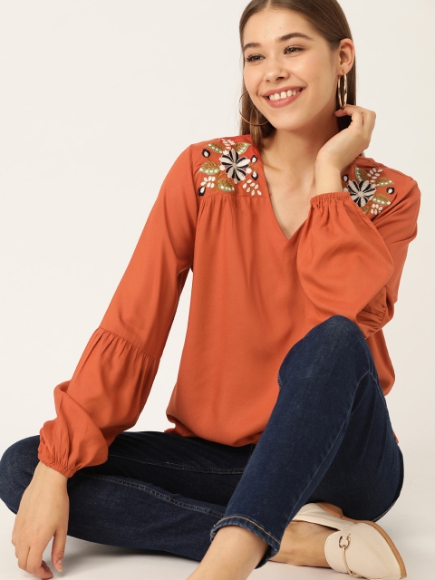 

DressBerry Women Rust Orange Embroidered Detail Sustainable Top