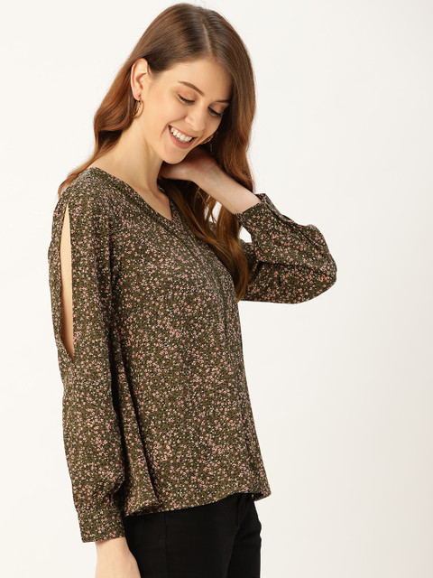 

DressBerry Women Olive Green & Pink Floral Printed Top