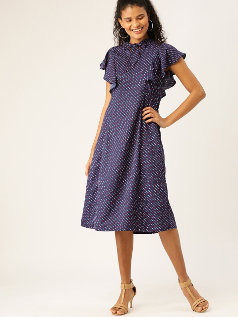

DressBerry Women Navy Blue & Red Floral Striped A-Line Dress