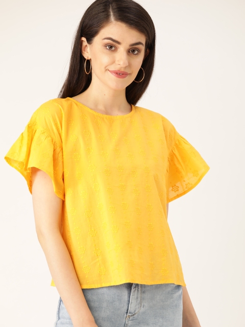 

DressBerry Women Mustard Yellow Floral Embroidered Pure Cotton Top