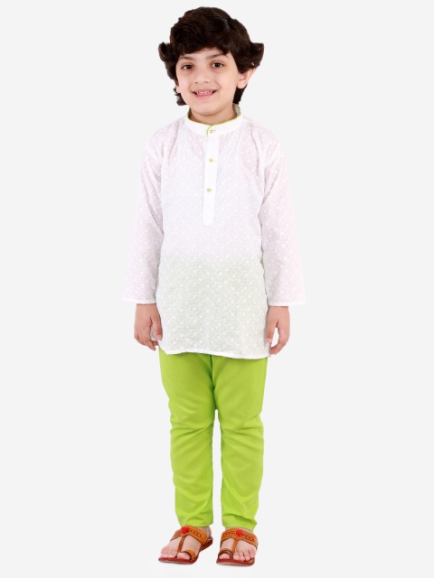 

Superminis Boys White & Green Chikankari Embroidered Kurta with Pyjamas