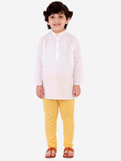 

Superminis Boys White & Yellow Chikankari Embroidered Kurta with Pyjamas