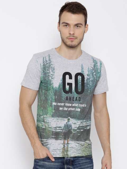

Parx Grey Melange & Green Graphic Print T-shirt