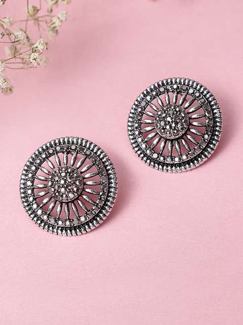 

Rubans Silver-Toned & Grey Studded Circular Drop Earrings