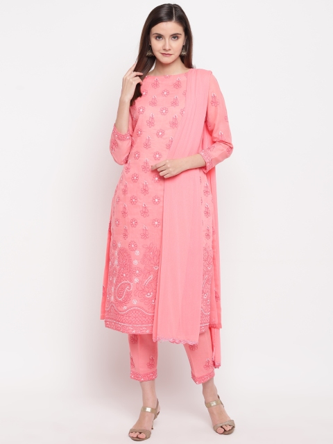 

ADA Women Pink & White Chikankari Hand Embroidered Unstitched Dress Material