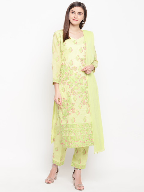 

ADA Women Green & Pink Chikankari Hand Embroidered Unstitched Dress Material