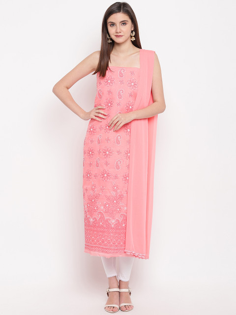 

ADA Women Peach-Coloured & White Chikankari Hand Embroidered Unstitched Dress Material