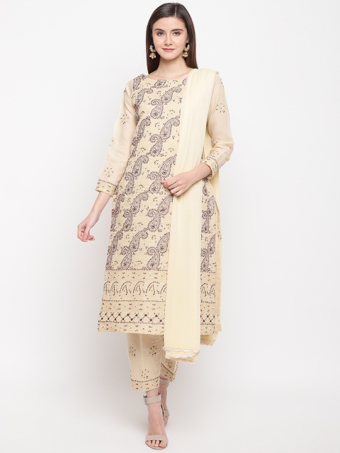 

ADA Cream-Coloured & Coffee Brown Chikankari Embroidered Unstitched Dress Material
