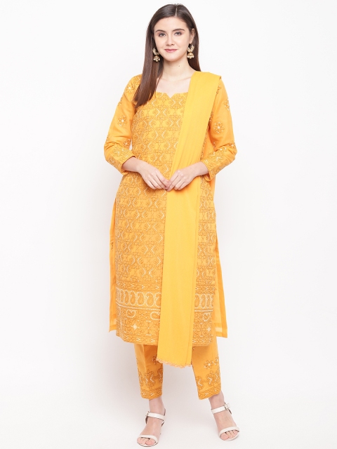 

ADA Women Mustard Yellow & White Chikankari Hand Embroidered Unstitched Sustainable Dress Material