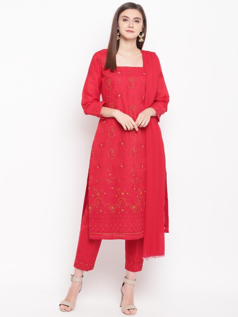 

ADA Women Red & Green Chikankari Hand Embroidered Unstitched Dress Material