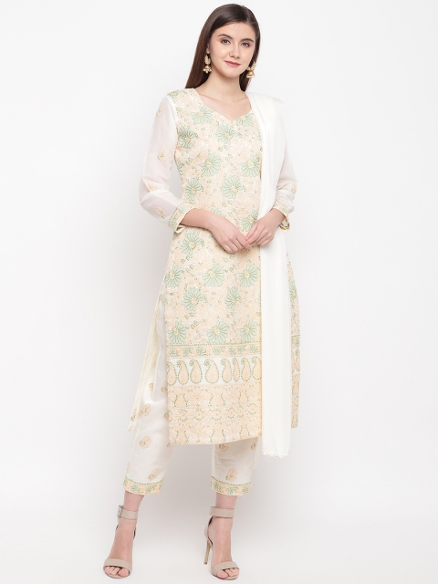 

ADA Women Cream-Coloured & Green Chikankari Hand Embroidered Unstitched Sustainable Dress Material